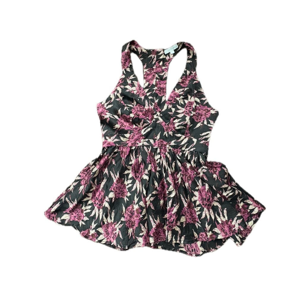 Black Racerback Crop Top with Pink Floral Print
